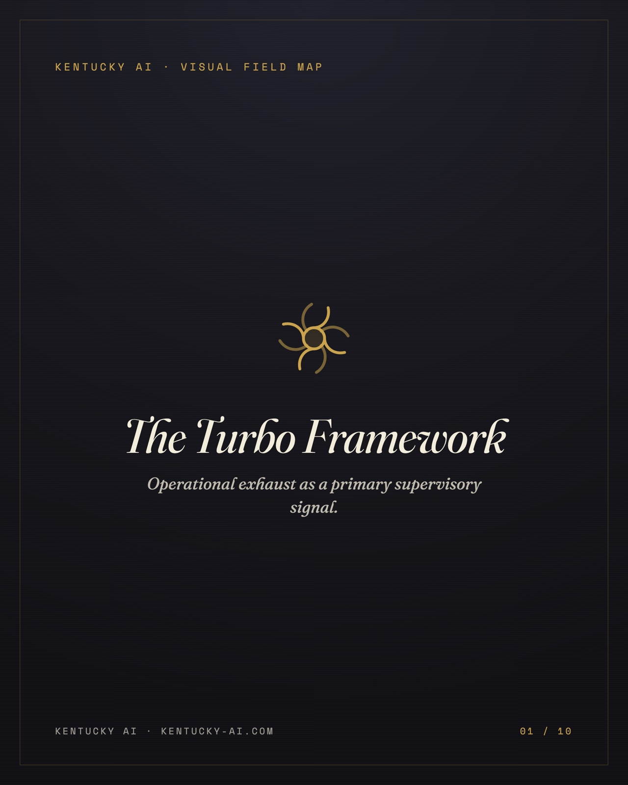 Slide 1 of 10. The Turbo Framework: operational exhaust as a primary supervisory signal — a turbine glyph over the title.