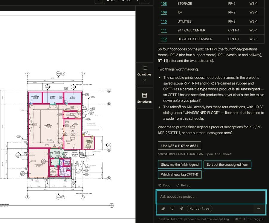 The live demo in the dark workspace: sheet A101 with every room measured by finish, and the assistant listing each room's floor finish from the room finish schedule