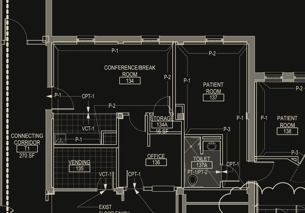 Six rooms measured on a real floor finish plan: the conference room, office, storage and patient room in carpet, a vinyl counter area and a tiled toilet, with dimension strings of 21 feet 8 inches and 13 feet