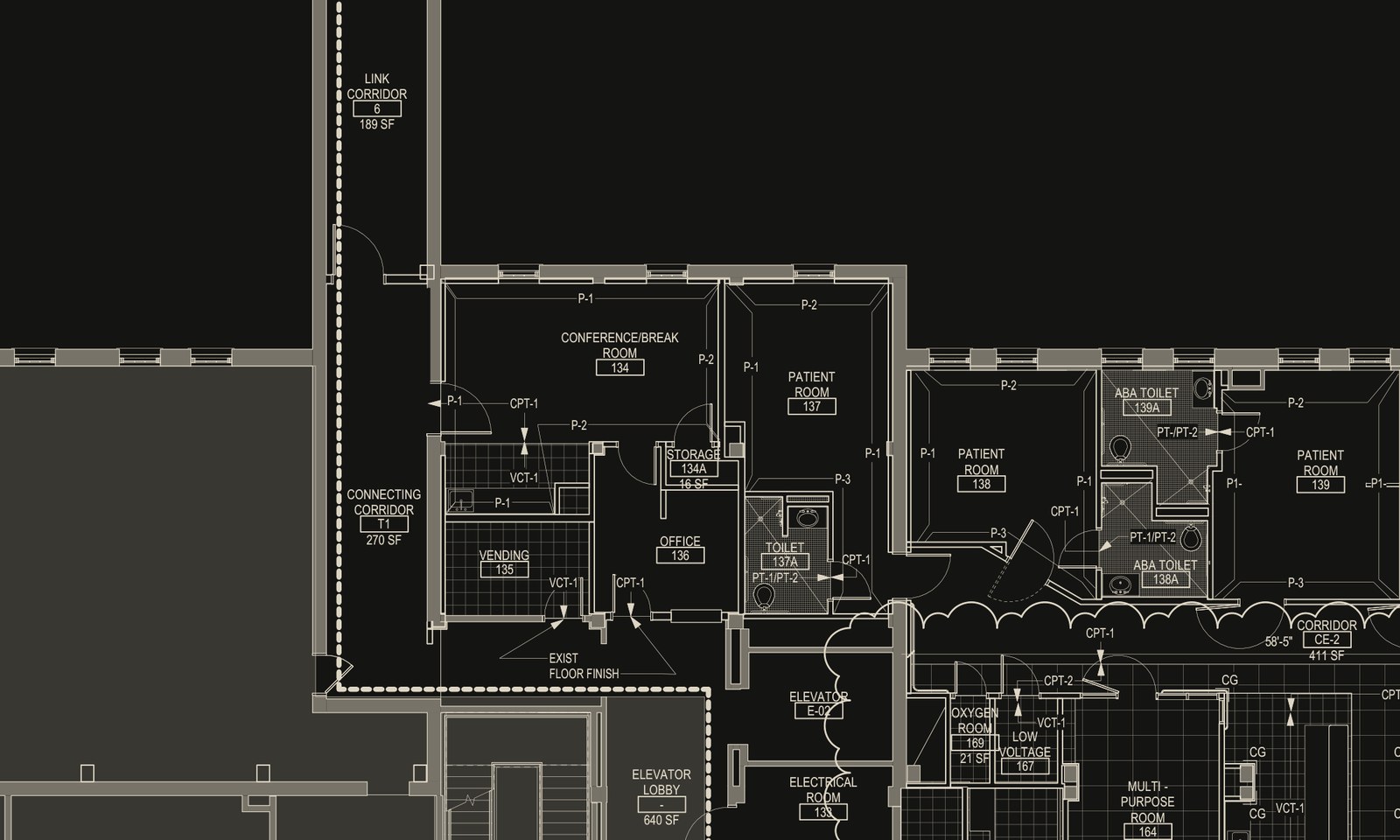 A floor finish plan drawn in cream on black, with six rooms outlined in orange and their measured areas labeled