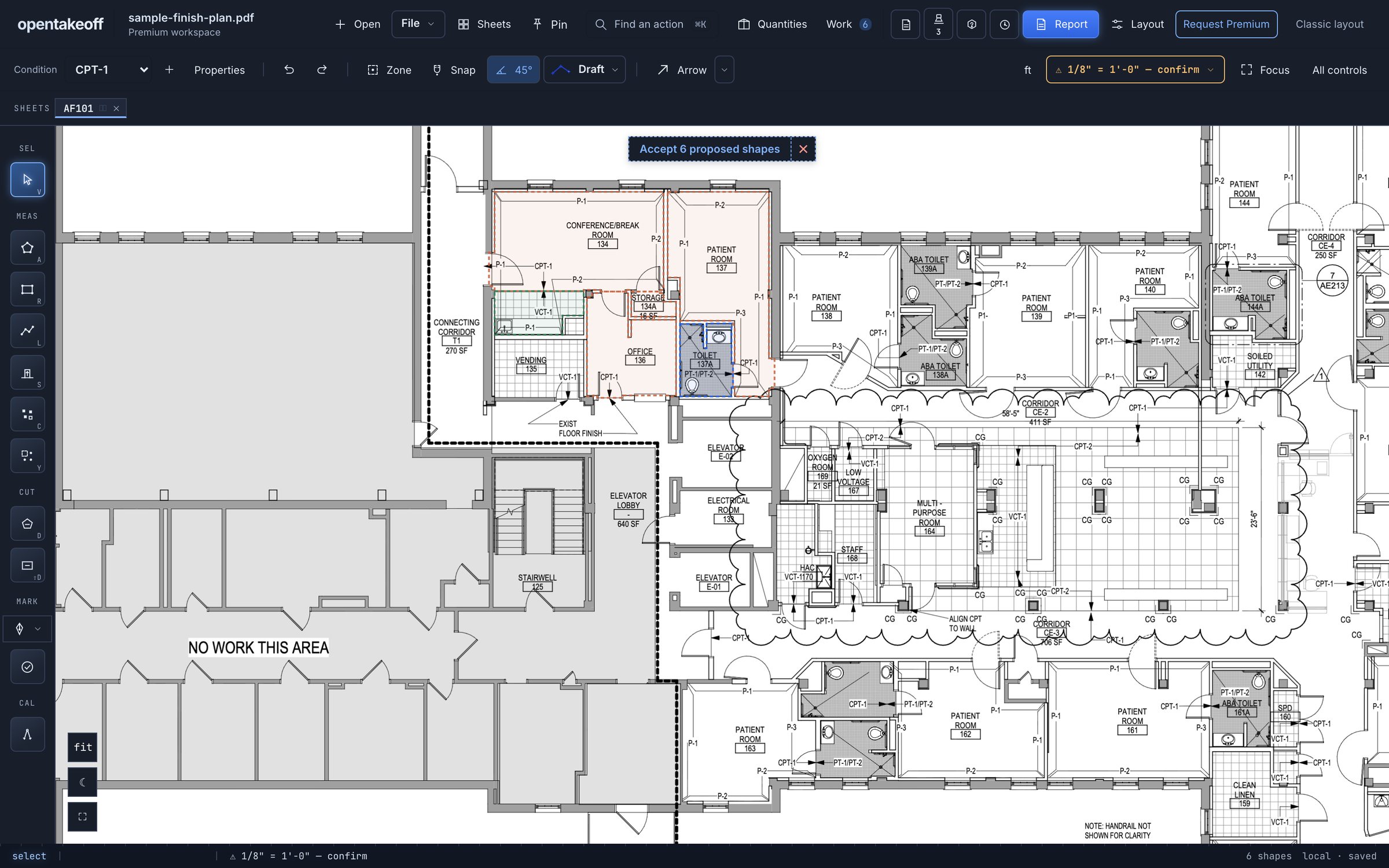 An agent's six proposed rooms, dashed, with an Accept 6 proposed shapes button and the scale awaiting confirmation