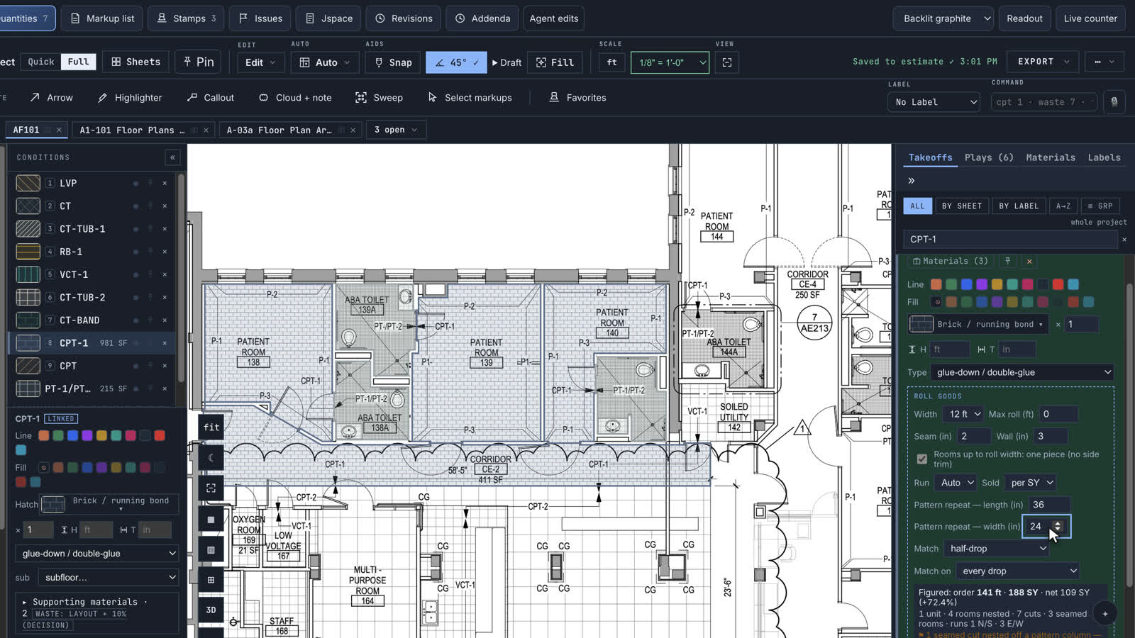 Patterned carpet cut plan with repeat ticks and seams