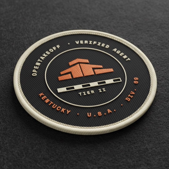 An embroidered OpenTakeoff patch on black felt: the orange building mark over a cream scale bar, inside a cream border, under hard side light