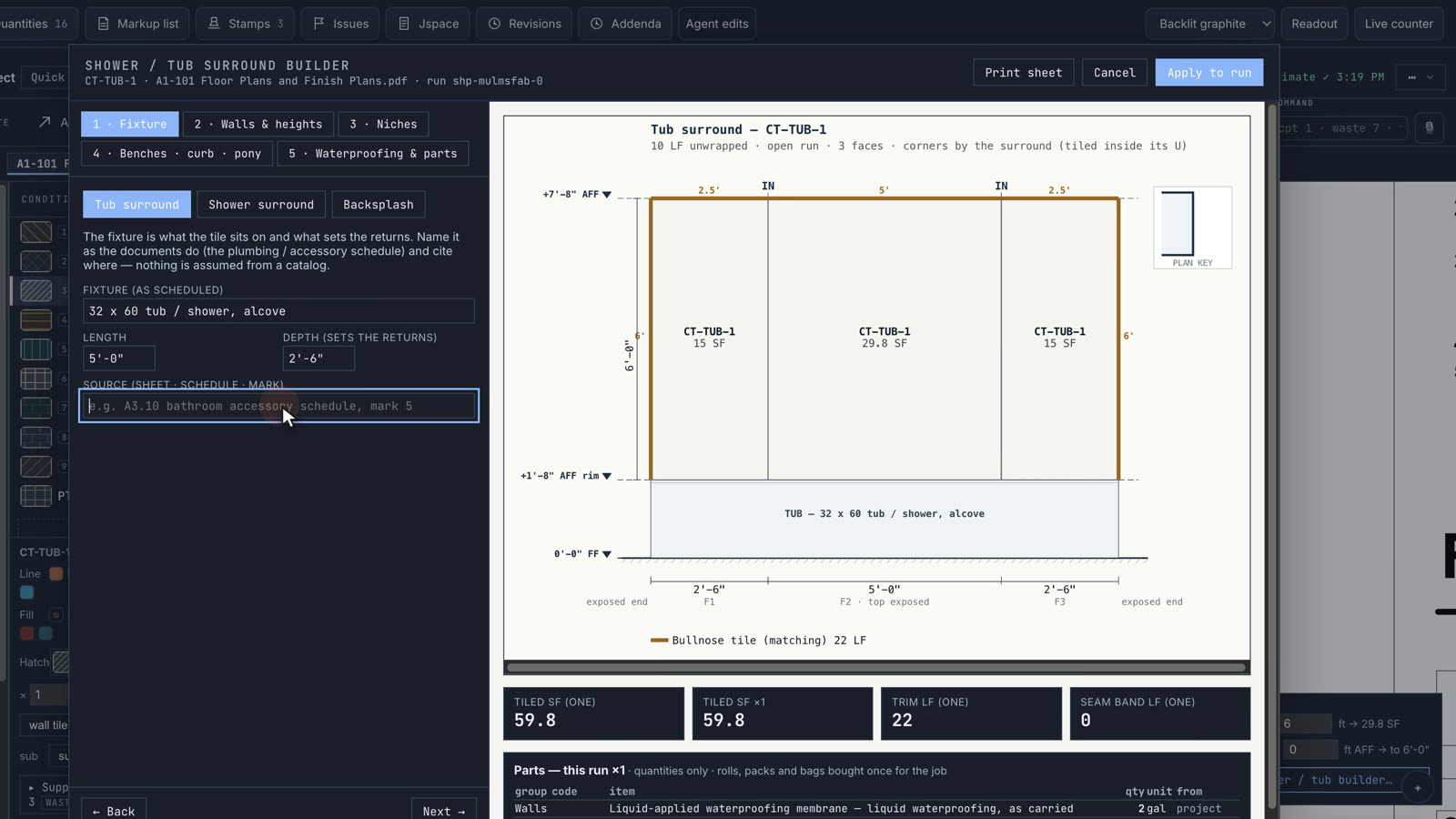 The shower and tub builder with a live elevation preview